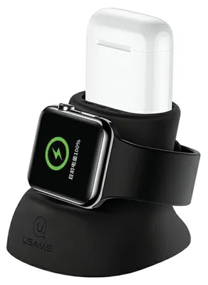 Productafbeelding van USAMS siliconen opladerstandaard 2-in-1 voor Apple Watch en AirPods, zwart/zwart, model US-ZJ051