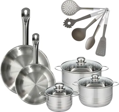 Image de Batterie de cuisine avec 3 faitouts 16/20/24 cm et 2 poêles 24/28 cm avec 5 ustensiles de cuisine sans PFAS Fackelmann Etherna Brillant Vario