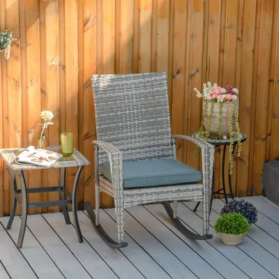 Produktbild von Schaukelstuhl Gartenstuhl mit Kissen, Polyrattan Schwingsessel, wetterfest UV-beständig, Grau | 66 x 88 x 98 cm | bis 9 kg | Metall-Gestell