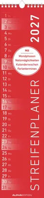 Produktbild von Streifenplaner 2027 Rot, 11,3 x 49,5 cm, deutsches Kalendarium, Spiralbindung