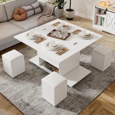 Obrázok produktu pre Konferenčný stolík s nastaviteľnou výškou, rozmer 100x100x63,5 cm, vrátane 4 stoličiek, farba: biela