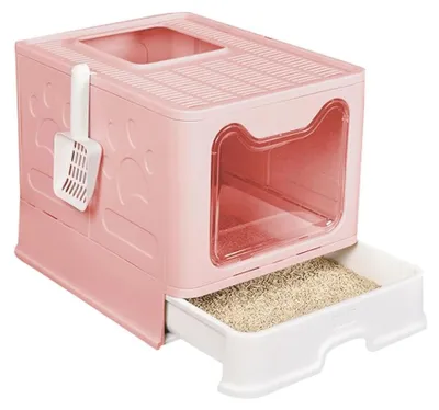 Obrázok produktu pre Skladací toaletný box pre mačky – uzavretý box – veľký – plastový – s lopatkou – stabilný a kompaktný – ružový
