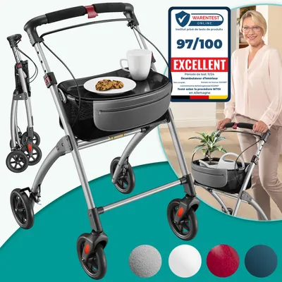 Produktbild von ELONEO Wohnungsrollator 54cm breit, faltbar und leicht, inkl. Tablett & Stoffkorb, Rollator schmal für die Wohnung, Indoor-Rollator, klappbar silber