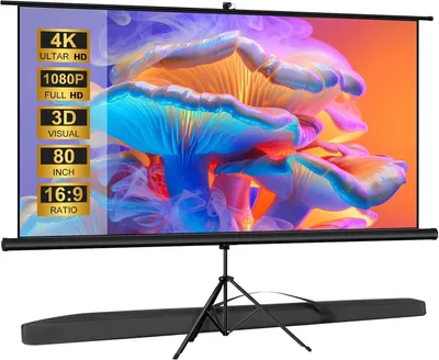 Immagine prodotto di Schermo proiettore da 80 pollici con stativo, formato 16:9, risoluzione 4K HD, angolo di visione regolabile a 160°, ideale per home cinema,riunioni e matrimoni