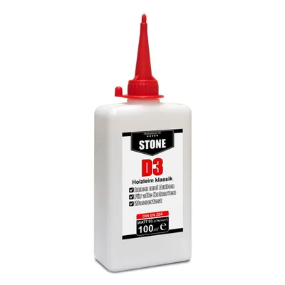 Produktbild von STONE D3 Holzleim Klassik 100 ml – Dispersions Holzleim D3 wasserfest für Möbelbau, Fugen, Korpus, Holzwerkstoffe & Feuchtraumverklebungen