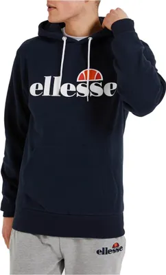 A person wearing a navy blue Ellesse hoodie and gray sweatpants.