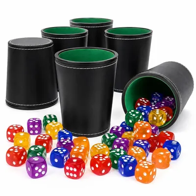 Produktbild von Würfelbecher Set 6-teilig aus Kunstleder mit 36 Würfeln, Leder Würfelbecher für Kniffel, Schocken und Würfelspiele, Spielzubehör für Party und Familie
