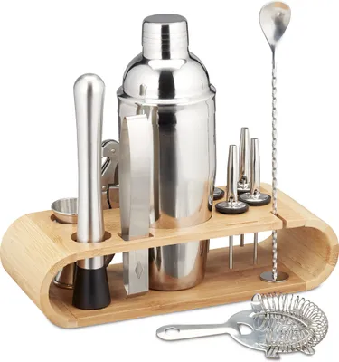 Produktbild von Relaxdays Cocktail Set, 11-teiliges Profi Bar Set, Ständer, Shaker, Barmaß, Ausgießer, Eiszange, Edelstahl, silber/natur