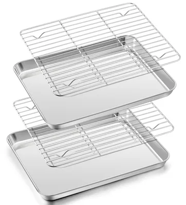 Obrázek produktu pro Plech na pečení nerezový - Sada 2 kusů - S chladicí mřížkou - 26,5 x 20,5 cm - 18/0 nerez