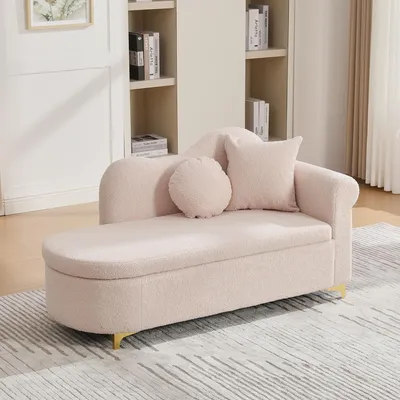 Immagine prodotto di Merax: chaise longue con vano portaoggetti e struttura in legno massello, poltrona reclinabile trasformabile in letto con rivestimento in peluche, lettino relax con schienale ondulato e 2 cuscini, beige