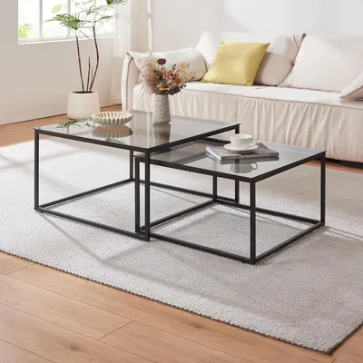 A living room scene with a sofa, coffee tables, and a plant.