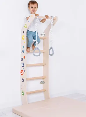 Productafbeelding van Klimmuur voor kinderkamer, gemaakt van hout, in de kleur mini, met gymnastiekringen | Binnenklimmuur voor kinderen