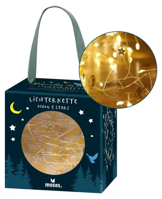 Lichterkette Moon & Stars, 100 warmweiße LEDs, goldene Motive, Timer