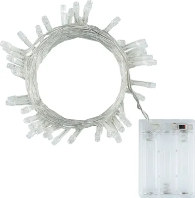 A string of LED lights coiled in a circle with a battery pack attached.