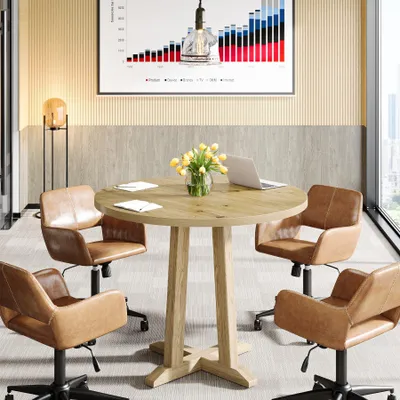 Image de Bureau LITTLE TREE, 2 à 4 personnes, table ronde de 80 cm, avec piètement unique et stable, pour les conférences, les petites pièces, couleur bois naturel