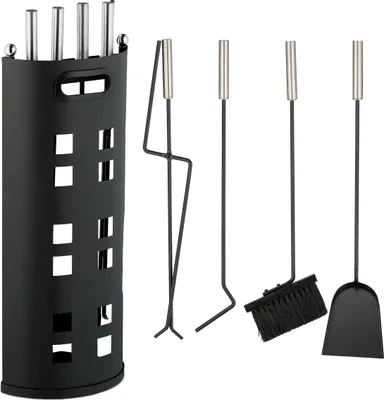 Produktbild von Relaxdays Kaminbesteck, 5-teiliges Set, Schürhaken, Ascheschaufel, Besen, Zange & Ständer, Kamingarnitur modern, schwarz