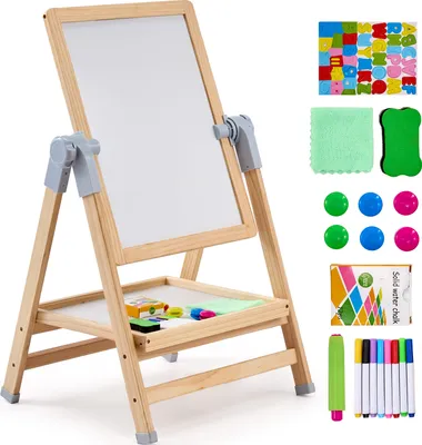 A wooden easel with a whiteboard and various art supplies.