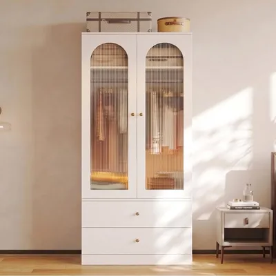 Image de Armoire à portes pivotantes, blanche, 90x50x200 cm, avec 2 tiroirs, 2 portes en verre et 1 barre de penderie