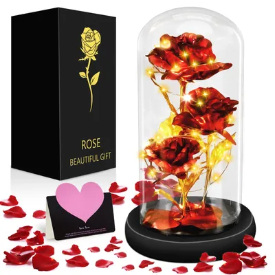 Ewige Rosen im Glaskuppel-LED-Licht, 3 rote Rosen, Geschenk
