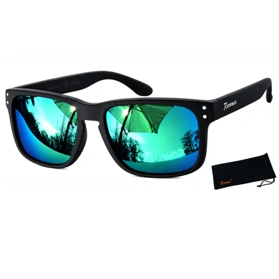 Produktbild von Hochwertige Herren Sonnenbrille Polarisiert Grün Blau Verspiegelt Schwarz Matt Rechteckig 3in2 Bügelgelenke Rennec