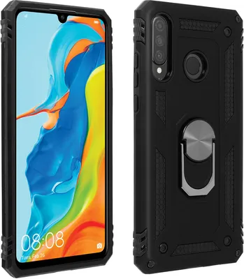 A product shot of a phone case with a ring holder, shown from two angles.