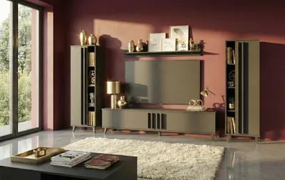 Produktbild von MINIO go for it, "HURON I" Wohnwand – 2 Schränke, TV-Board mit 3 Klappen, Wandregal, modernes Wohnzimmermöbel, Schwarz Farbe