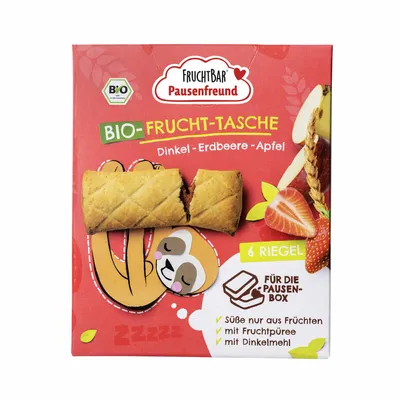 Productafbeelding van FruchtBar, biologische fruitreep met dinkel, aardbei en appel. Snackreep, 132 g. Bevat melksuiker. Energie: 1612 kJ, 382 kcal, 85 kcal
