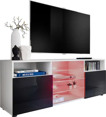 Produktbild von Komodee | TV-Schrank mit 3 Glasböden und 2 Türen Urbino, Korpus Weiß Matt Frontfarbe Schwarz Hochglanz, LED RGB
