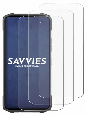 A product shot of multiple screen protectors laid out in front of a smartphone.