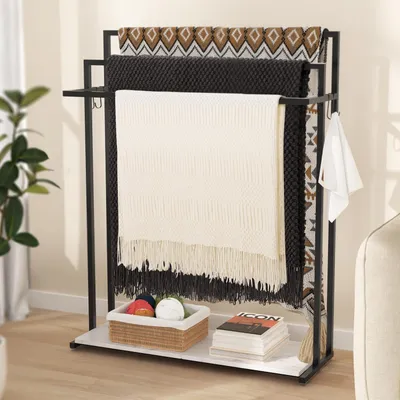 Immagine prodotto di Portasciugamani da pavimento con base in marmo, 3 barre, colore nero, dimensioni 72x30 cm