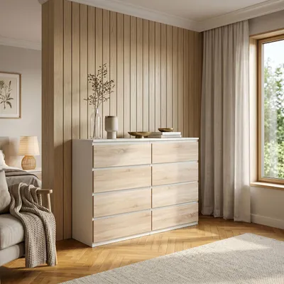 Produktbild von Masseno Kommode NUDO 138,5 cm Sideboard mit 8 Schubladen und  Türen für Wohnzimmer Schlafzimmer Modern 138,5x39x101,5 cm Weiß / Sonoma Eiche