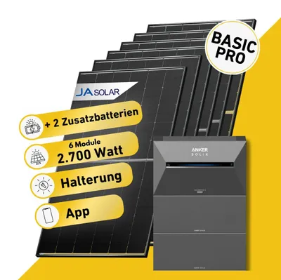 Produktbild von Balkonstrom Balkonkraftwerk 2700W mit Speicher | 2xZusatzspeicher | Blechdachhalterung | 2xSolarmodul Bifazial | Anker Solix 3 Pro| Kabel 15m