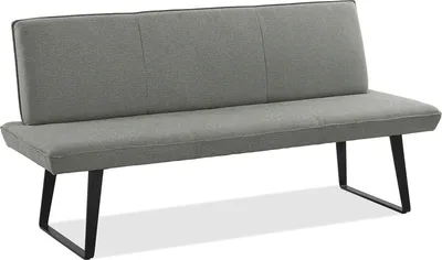 A studio shot of a gray upholstered bench with black metal legs.