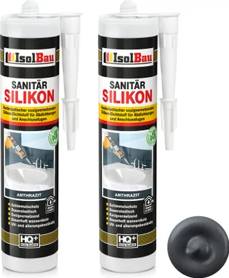 Produktbild von Isolbau Sanitär Silikon 2 x 300 ml Anthrazit - Hochelastischer Silikon-Dichtstoff für Abdichtungen & Fugen – Schimmelresistent, wasserdicht -  Kartusche