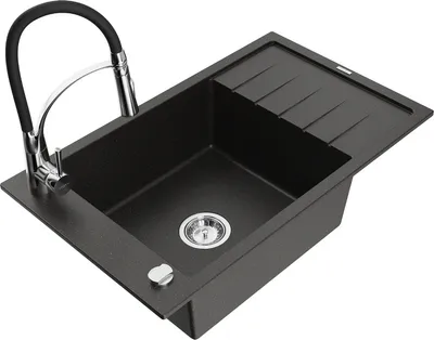 Produktbild von Mexen Elias 1 Becken-Granitspüle mit Abtropffläche und Mischbatterie Aster, Schwarz/Gold metallisch - 6511-75-73450-07