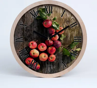 Produktbild von Holzuhr 30fi cm wanduhr - schwarze Spitzen - Äpfel auf dem Tisch