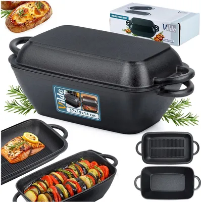 A collage of a black cast iron roasting pan with its lid, along with images of food cooked in it and its packaging.