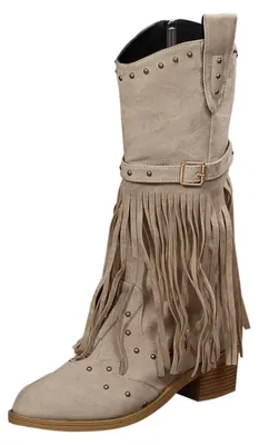 Produktbild von Elzusha - Beige, halblange Westernstiefel mit Fransen und Schnalle für Damen