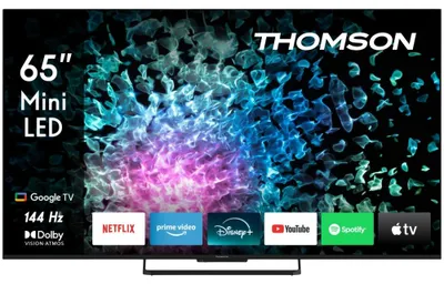 Produktbild von Thomson Q70 Series Smart MiniLED TV 65; Google TV; 3840 x 2160 (4K UHD), 1500000:1, LED, 144 Hz, DVB-T/T2/C/S/S2, HDR10, Wi-Fi, Bluetooth, LAN, HDMI 4 (2.1), USB 2 (2.0) + 1 (3.0), Central Stand, Black, 165,1 cm (65"), 3840 x 2160 Pixel, QD-Mini LED, Smart-TV, WLAN, Schwarz