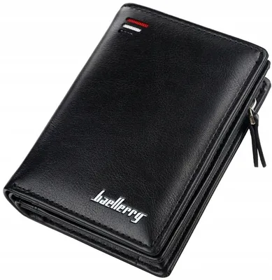 A black leather wallet is shown against a white background.