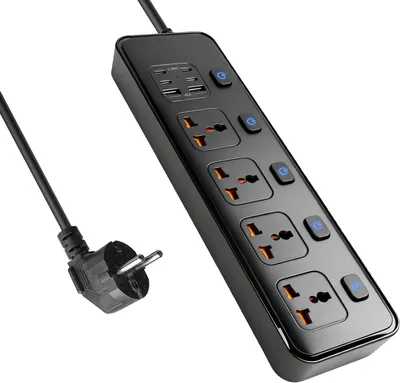 Obrázek produktu pro Zásuvková lišta s USB porty – víceportový adaptér – možnost současného nabíjení – 4 USB-C porty – kabel o délce 1,8 m – černá barva