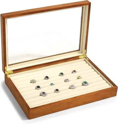 Produktbild von Holz Schmuck Box mit 9 Slots für Ringe und Ohrringe, Luxus-Speicher-Box und Display für Frauen, Veranstalter für Schmuck
