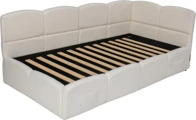Produktbild von Beige Ohne Matratze Polsterbett 90x200cm Einzelbett Kinderbett Stauraumbett Schlafsofa USB Stautasche Boucle Funktionsbett Jugendbett Einzelbett