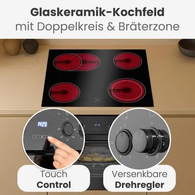 Produktbild von Bomann® Herd-Kochfeld-Kombination | 60cm | Grill und Heißluft | 9 Funktionen | Herd Backofen mit Glaskeramik-Kochfeld | Herdset EHBC 7938