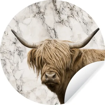 Produktbild von MuchoWow® Runde Wandtattoo - Wandsticker Tapete Aufkleber Schottischer Highlander - Marmor - Tiere Ø 50 cm Selbstklebend und Repositionierbar - Wandaufkleber - Kreis - Wand Kreis - Wand Bild - Foto Tapete - Selbstklebende - Wohnzimmerdekoration - Wand Dekoration - Kinderzimmer