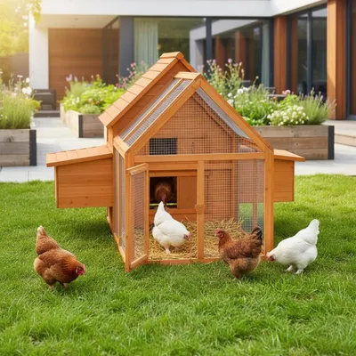 A wooden chicken coop with chickens in a grassy yard in front of a modern house.