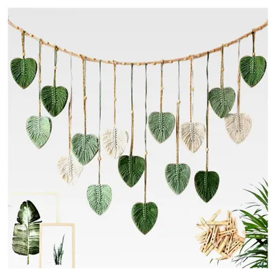 Produktbild von Makramee Wandbehang im Boho-Stil, handgefertigter Wandteppich, Baumwollgewebter Wandteppich mit Blättern und Quasten für Schlafzimmer, Wohnzimmer und Kinderzimmer (Grün)