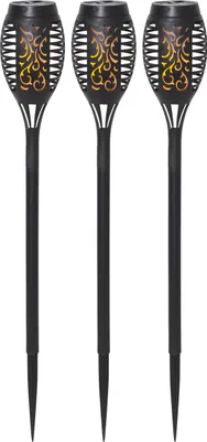 Produktbild von Star Trading 481-03 LED-Solar-Fackel "Flame Mini", 3er Set schwarzer Kunststoff, imitiert Feuer, 7x40 cm,  je 1 gelbe LED, mit Solarpanel, Akku, outdoor, Vierfarb-Karton