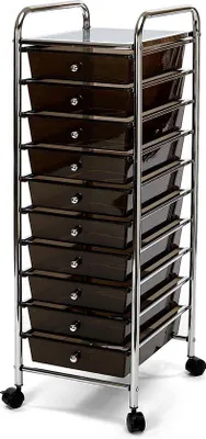 Obrázok produktu pre Uniqoos® kovový kontajner na kolieskach – 10 zásuviek, strieborná farba, rozmery zásuviek: 34,3 x 24,1 x 6,3 cm, celkové rozmery: 39,1 x 32,8 x 96,5 cm, 4 kolieska (2 s brzdou)