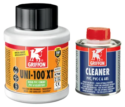 Produktbild von HAF - Griffon PVC-U Kleber Uni-100 XT in 250ml Dose + Griffon PVC Reiniger / Cleaner 125ml | Spezialkleber & Spezialreiniger für Montage von PVC Rohr
